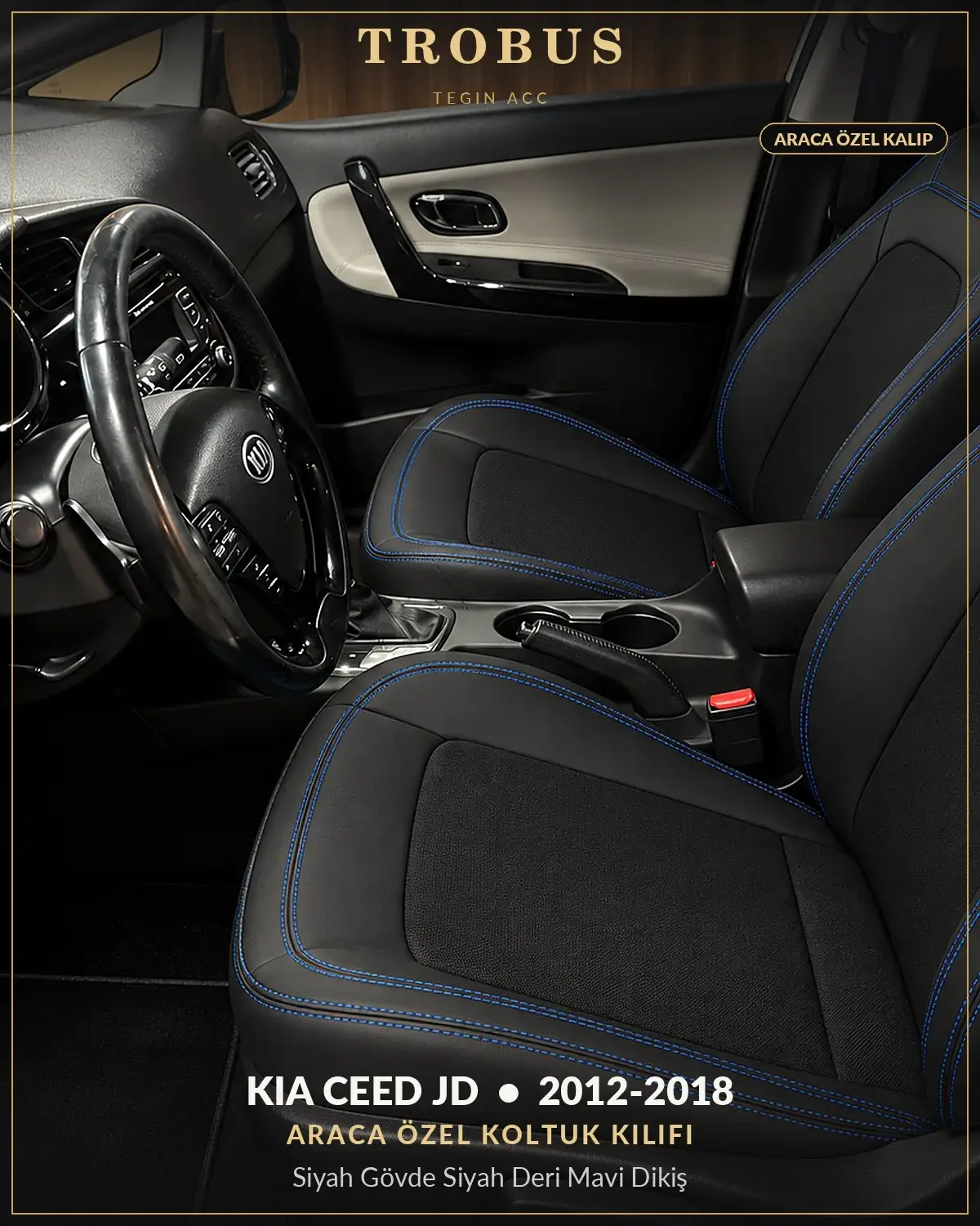 Kia Ceed JD 2012-2018 Araca Özel Koltuk Kılıfı Siyah Gövde Siyah Deri Mavi Dikiş (1)