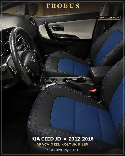 Kia Ceed JD 2012-2018 Araca Özel Koltuk Kılıfı Mavi Gövde Siyah Deri