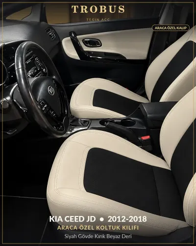 Kia Ceed JD 2012-2018 Araca Özel Koltuk Kılıfı Siyah Gövde Kırık Beyaz Deri