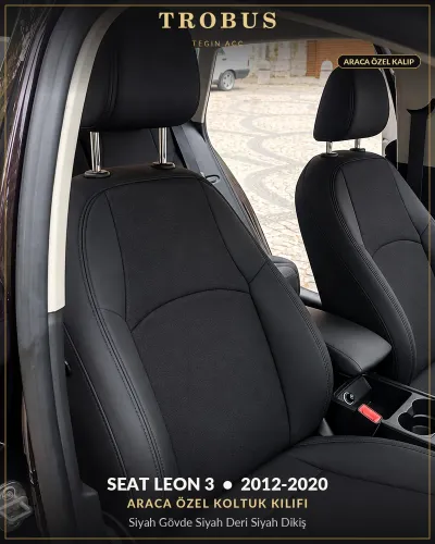Seat Leon 3 2012-2020 Araca Özel Koltuk Kılıfı Siyah Gövde Siyah Deri Siyah Dikiş
