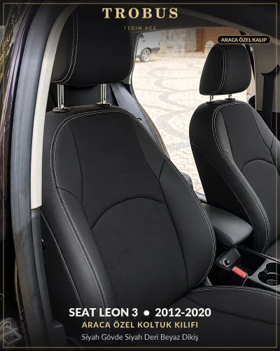 Seat Leon 3 2012-2020 Araca Özel Koltuk Kılıfı Siyah Gövde Siyah Deri Beyaz Dikiş