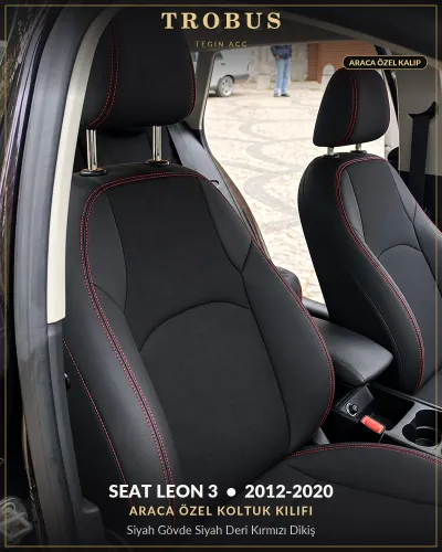 Seat Leon 3 2012-2020 Araca Özel Koltuk Kılıfı Siyah Gövde Siyah Deri Kırmızı Dikiş