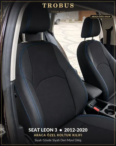Seat Leon 3 2012-2020 Araca Özel Koltuk Kılıfı Siyah Gövde Siyah Deri Mavi Dikiş