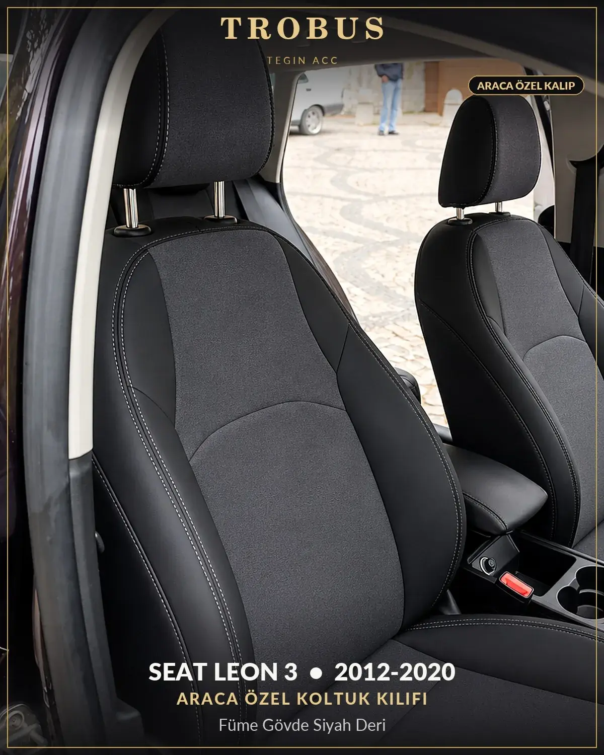 Seat Leon 3 2012-2020 Araca Özel Koltuk Kılıfı Füme Gövde Siyah Deri (1)