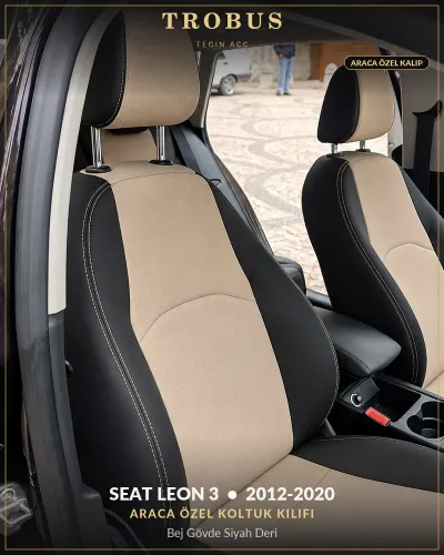 Seat Leon 3 2012-2020 Araca Özel Koltuk Kılıfı Bej Gövde Siyah Deri