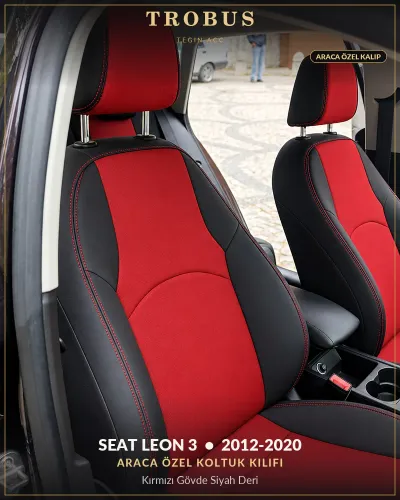 Seat Leon 3 2012-2020 Araca Özel Koltuk Kılıfı Kırmızı Gövde Siyah Deri
