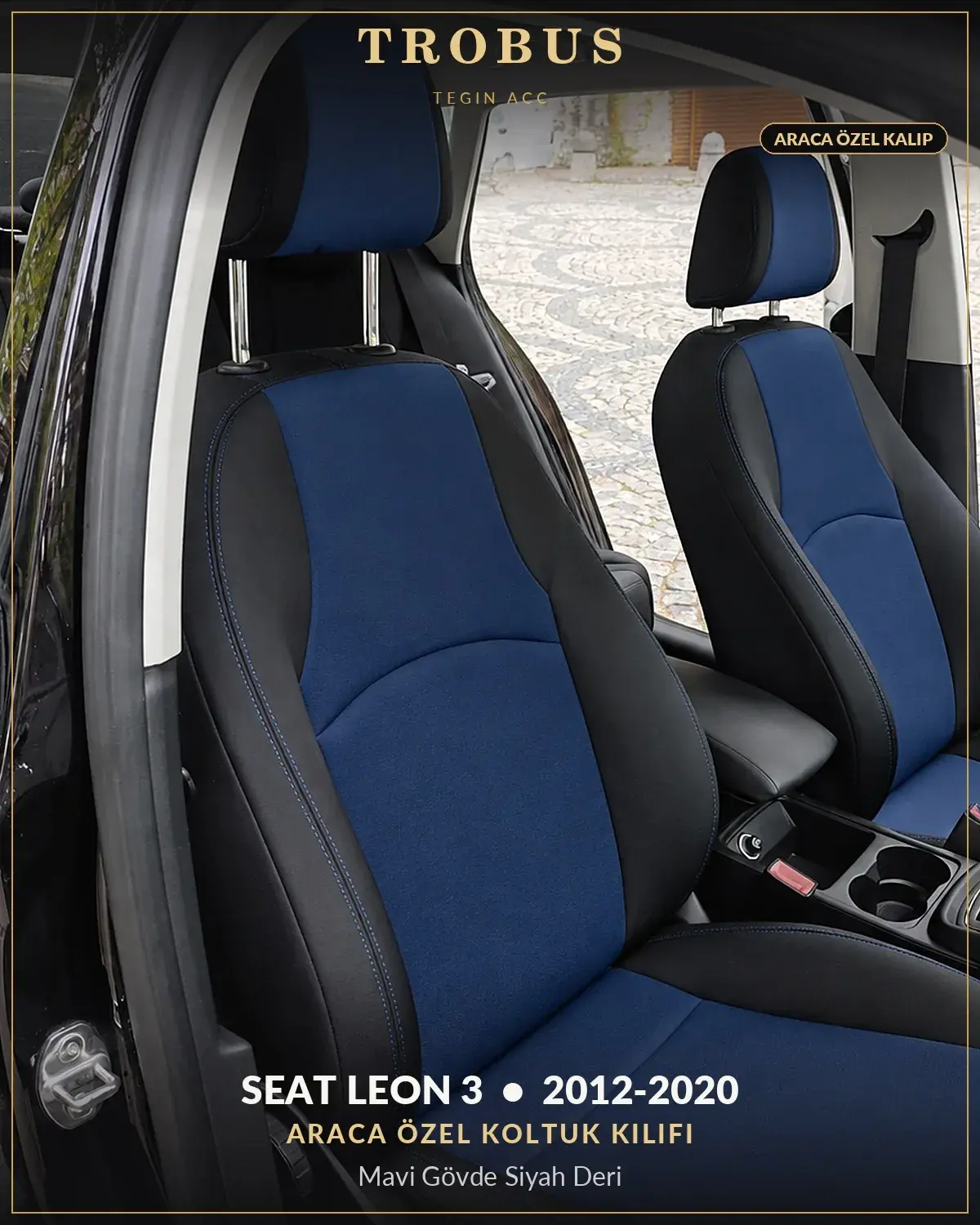 Seat Leon 3 2012-2020 Araca Özel Koltuk Kılıfı Mavi Gövde Siyah Deri (1)