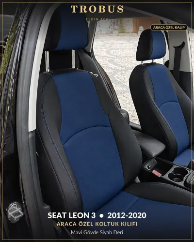 Seat Leon 3 2012-2020 Araca Özel Koltuk Kılıfı Mavi Gövde Siyah Deri