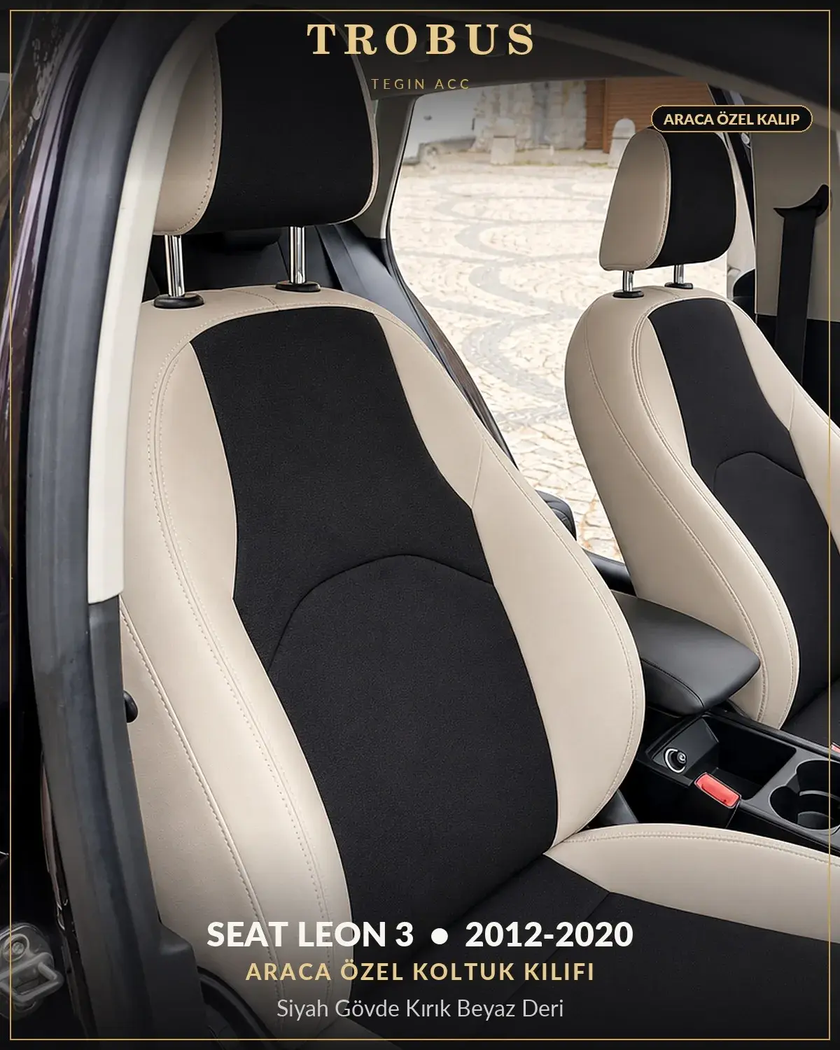 Seat Leon 3 2012-2020 Araca Özel Koltuk Kılıfı Siyah Gövde Kırık Beyaz Deri (1)