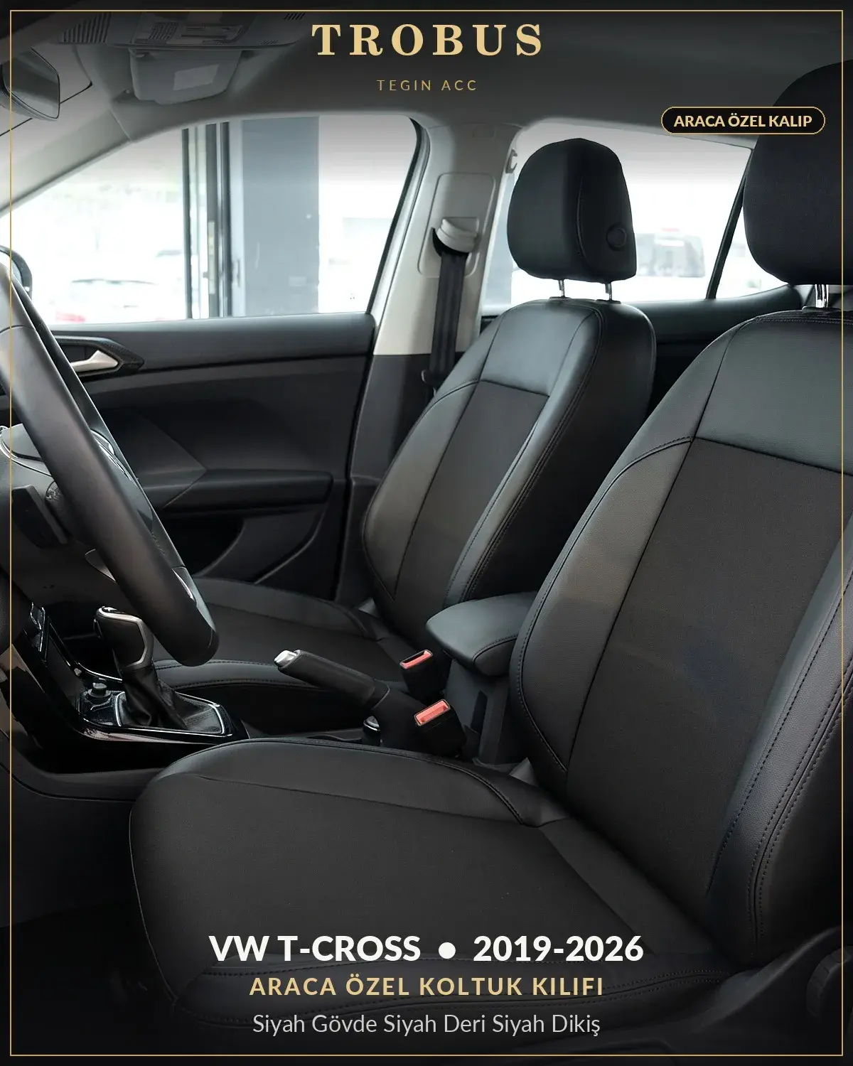 Volkswagen T-Cross 2019-2026 Araca Özel Koltuk Kılıfı Siyah Gövde Siyah Deri Siyah Dikiş (1)