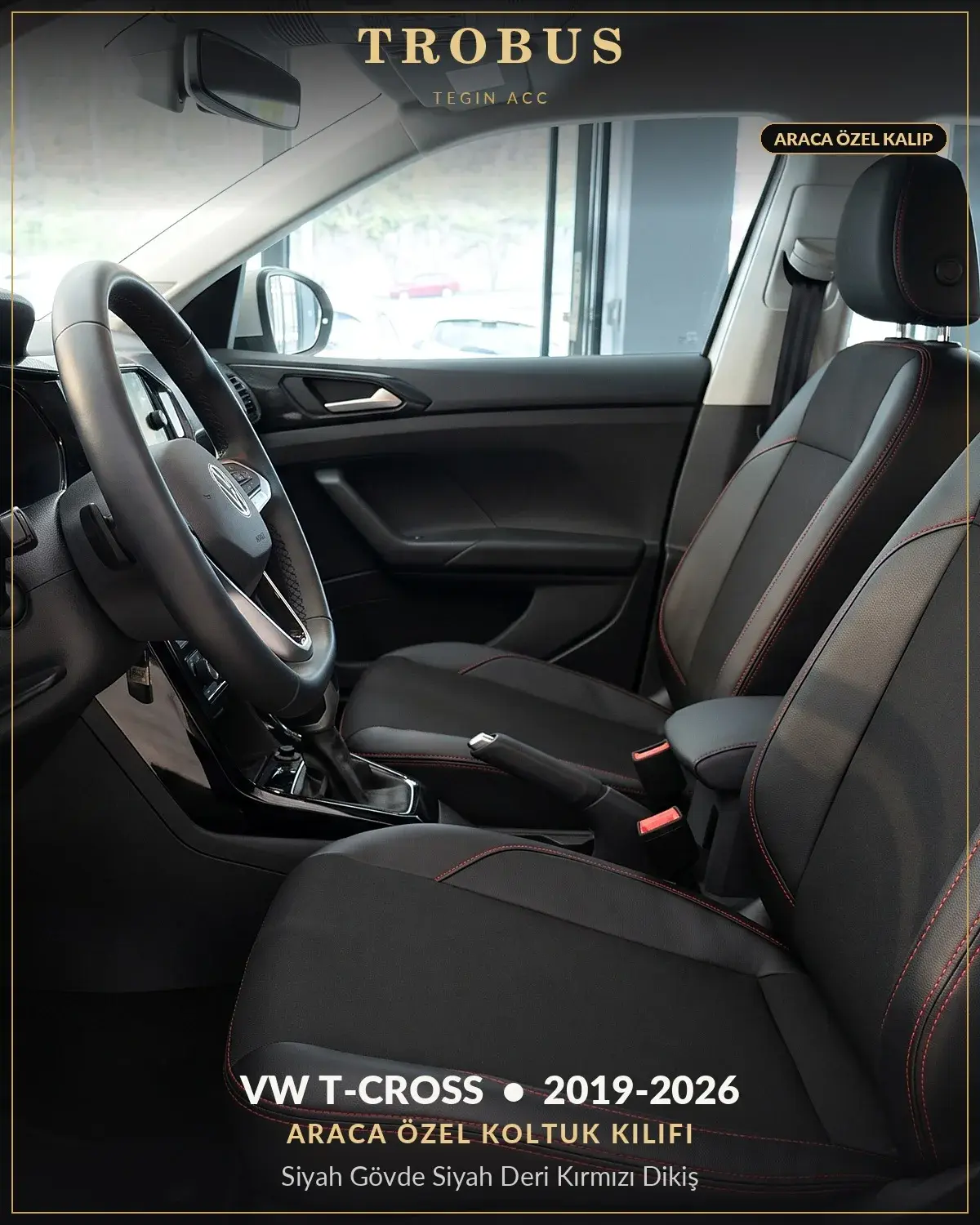 Volkswagen T-Cross 2019-2026 Araca Özel Koltuk Kılıfı Siyah Gövde Siyah Deri Kırmızı Dikiş (1)