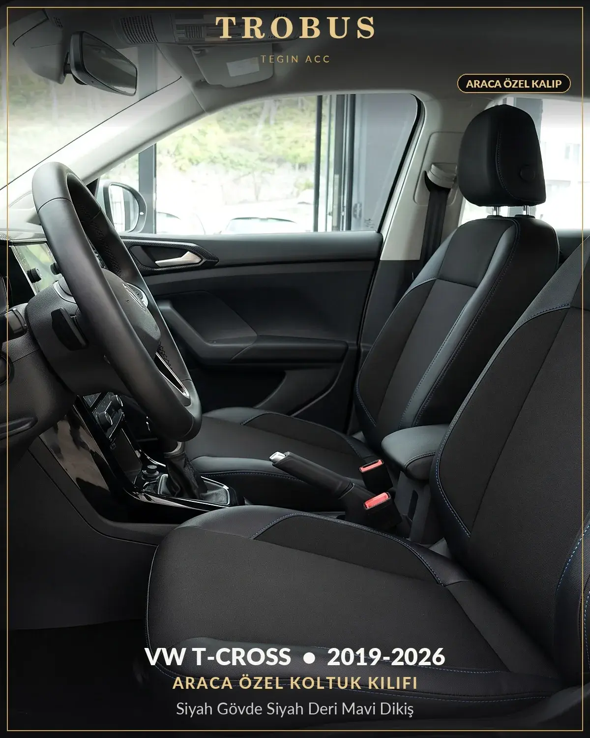 Volkswagen T-Cross 2019-2026 Araca Özel Koltuk Kılıfı Siyah Gövde Siyah Deri Mavi Dikiş (1)