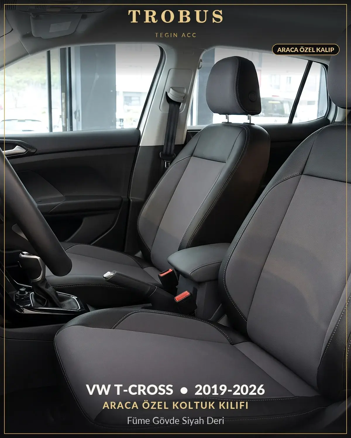 Volkswagen T-Cross 2019-2026 Araca Özel Koltuk Kılıfı Füme Gövde Siyah Deri (1)