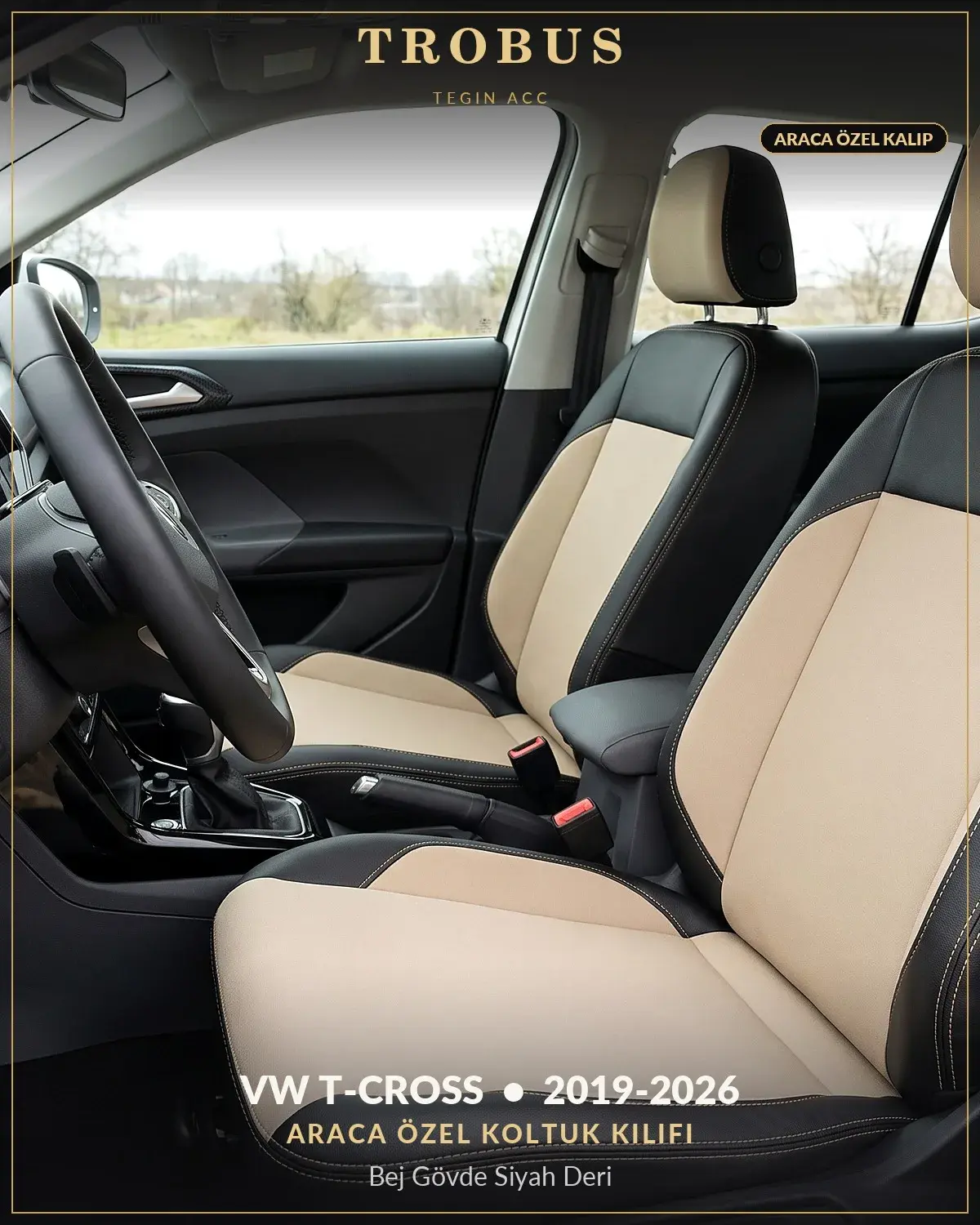 Volkswagen T-Cross 2019-2026 Araca Özel Koltuk Kılıfı Bej Gövde Siyah Deri (1)