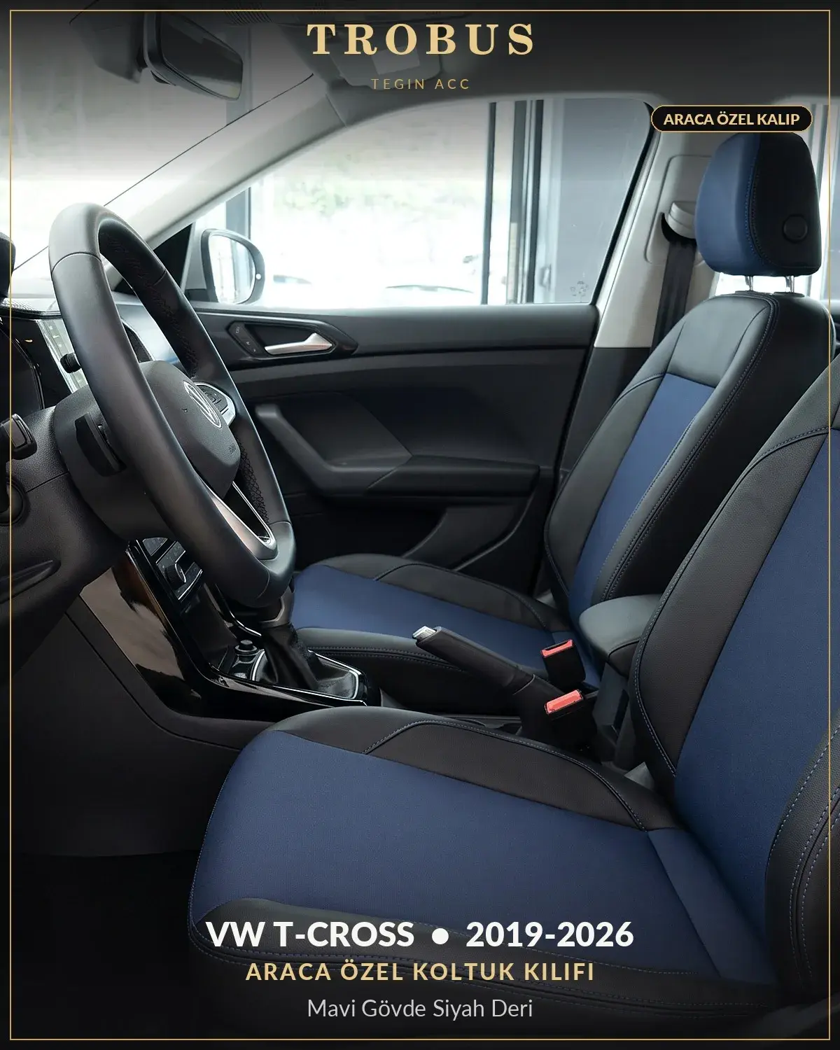 Volkswagen T-Cross 2019-2026 Araca Özel Koltuk Kılıfı Mavi Gövde Siyah Deri (1)