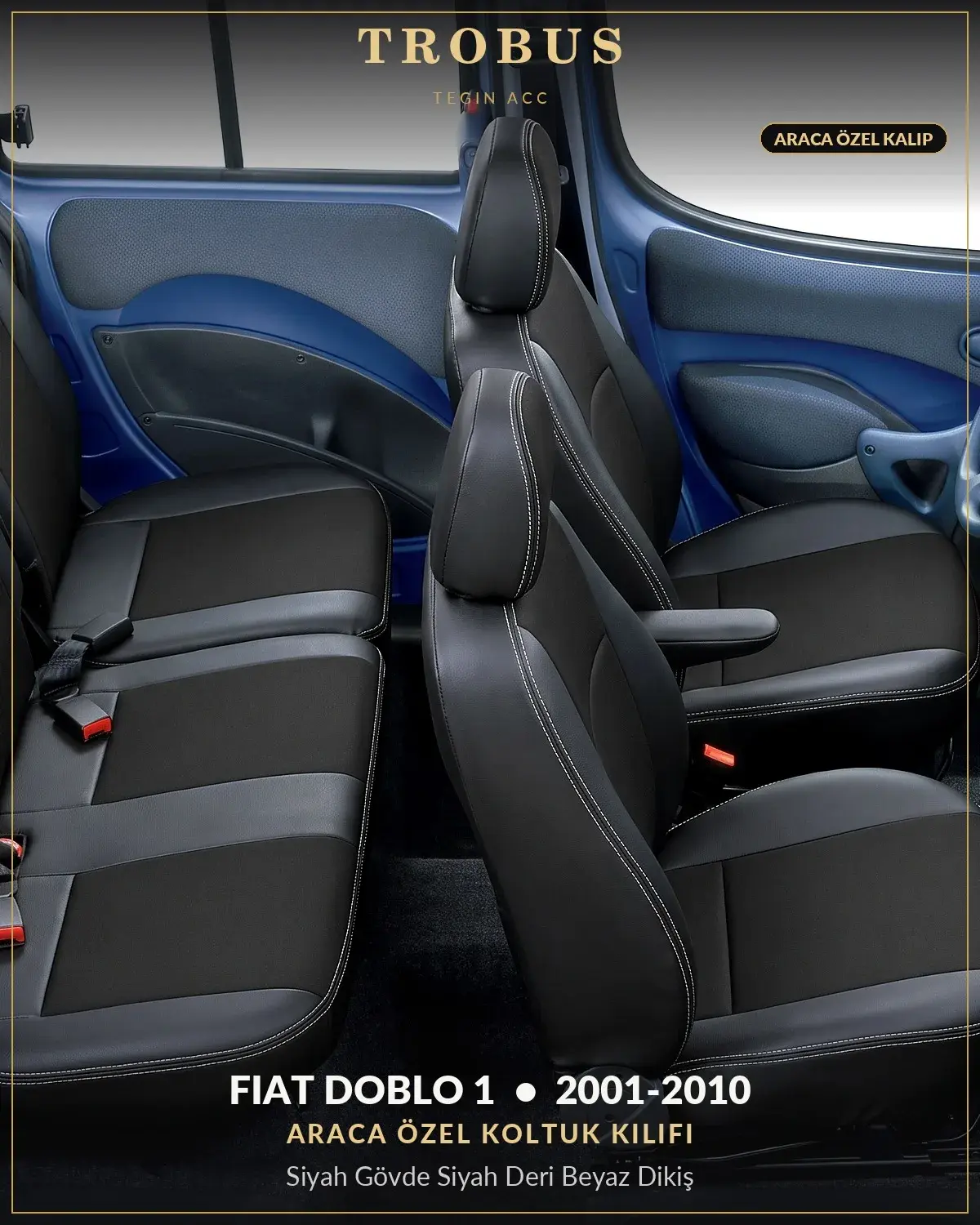 Fiat Doblo 1 2001-2010 Araca Özel Koltuk Kılıfı Siyah Gövde Siyah Deri Beyaz Dikiş (1)