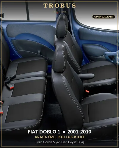 Fiat Doblo 1 2001-2010 Araca Özel Koltuk Kılıfı Siyah Gövde Siyah Deri Beyaz Dikiş