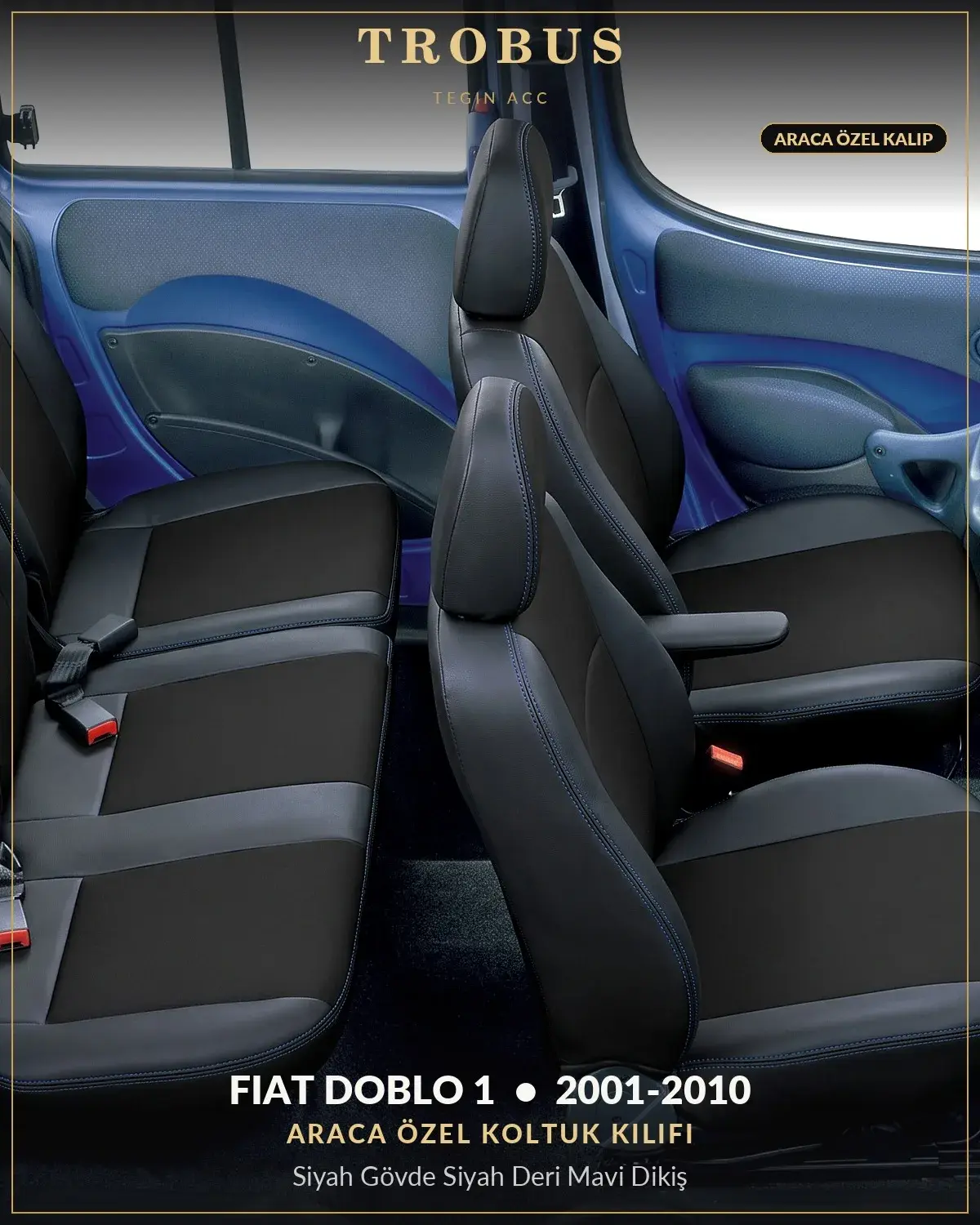 Fiat Doblo 1 2001-2010 Araca Özel Koltuk Kılıfı Siyah Gövde Siyah Deri Mavi Dikiş (1)