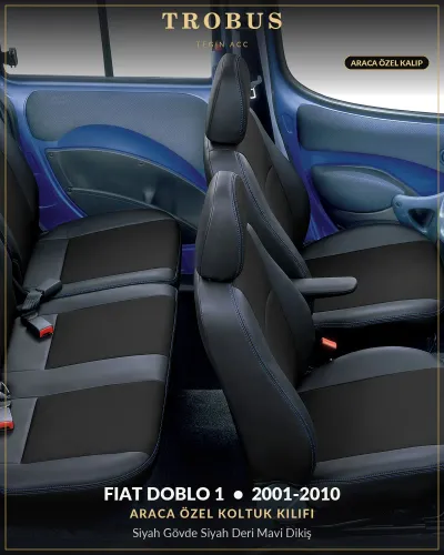 Fiat Doblo 1 2001-2010 Araca Özel Koltuk Kılıfı Siyah Gövde Siyah Deri Mavi Dikiş
