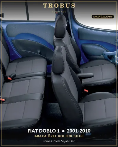 Fiat Doblo 1 2001-2010 Araca Özel Koltuk Kılıfı Füme Gövde Siyah Deri
