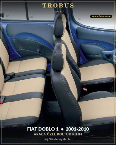 Fiat Doblo 1 2001-2010 Araca Özel Koltuk Kılıfı Bej Gövde Siyah Deri