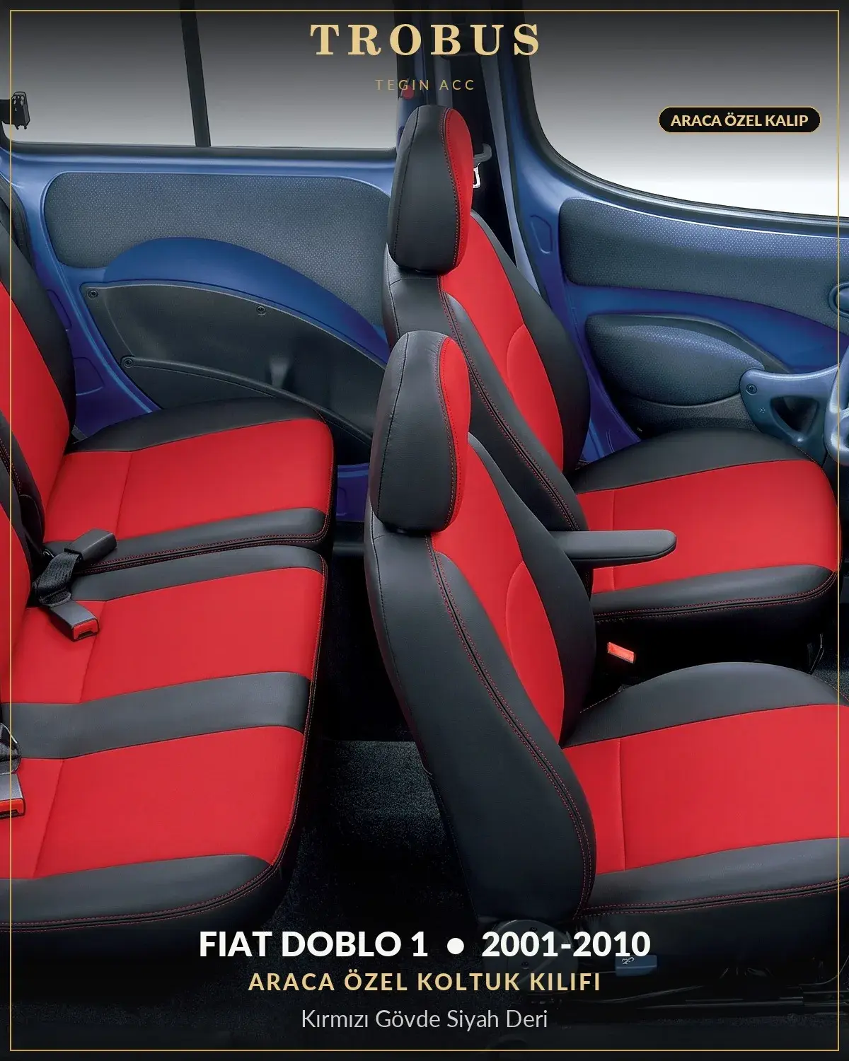 Fiat Doblo 1 2001-2010 Araca Özel Koltuk Kılıfı Kırmızı Gövde Siyah Deri (1)