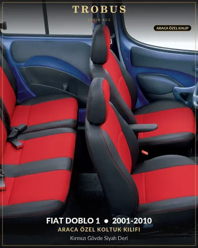 Fiat Doblo 1 2001-2010 Araca Özel Koltuk Kılıfı Kırmızı Gövde Siyah Deri