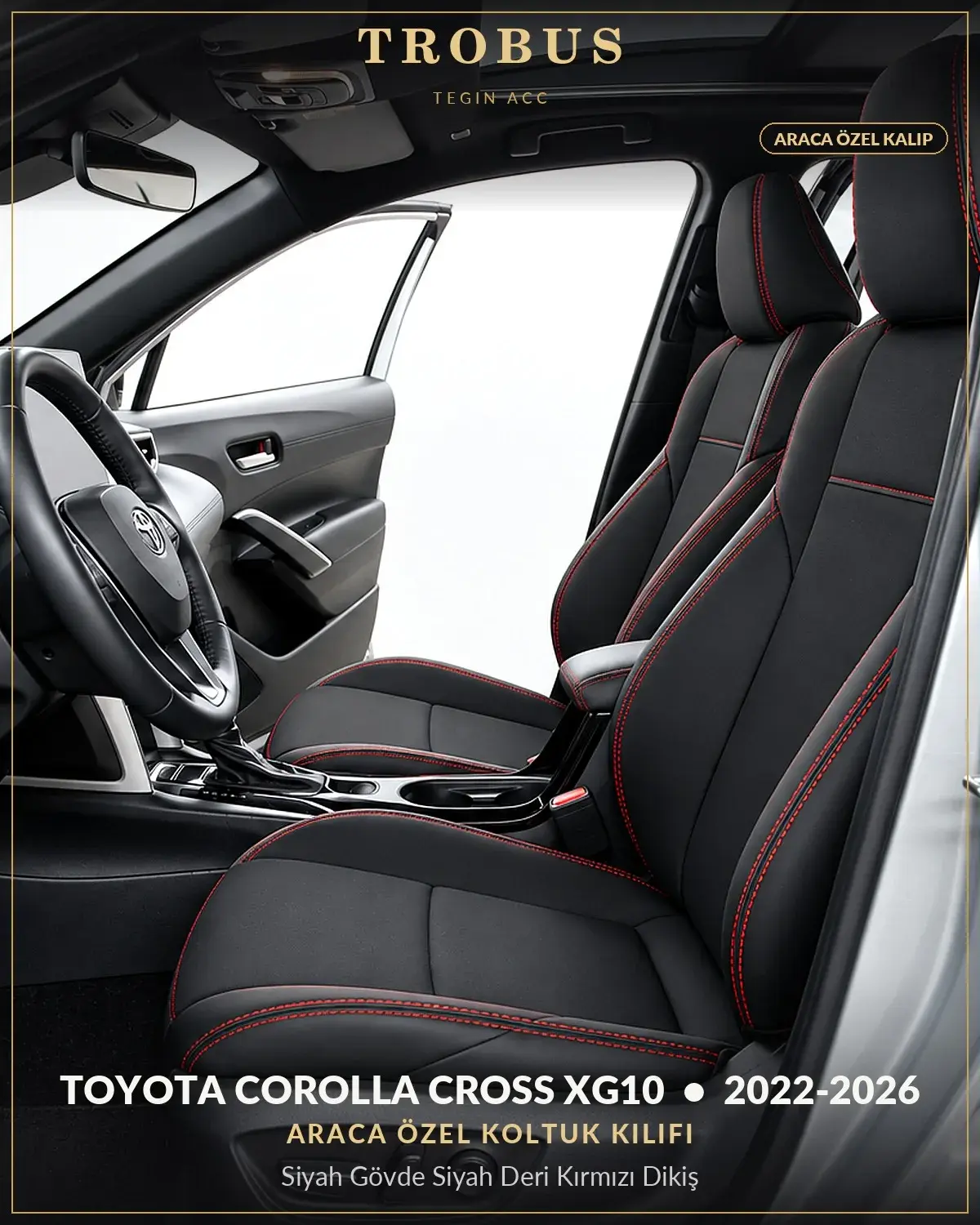 Toyota Corolla Cross XG10 2022-2026 Araca Özel Koltuk Kılıfı Siyah Gövde Siyah Deri Kırmızı Dikiş (1)