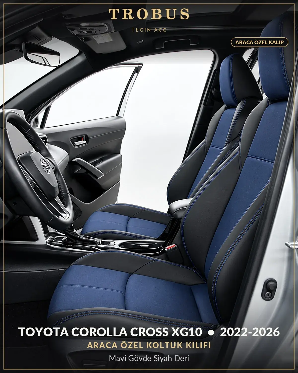 Toyota Corolla Cross XG10 2022-2026 Araca Özel Koltuk Kılıfı Mavi Gövde Siyah Deri (1)