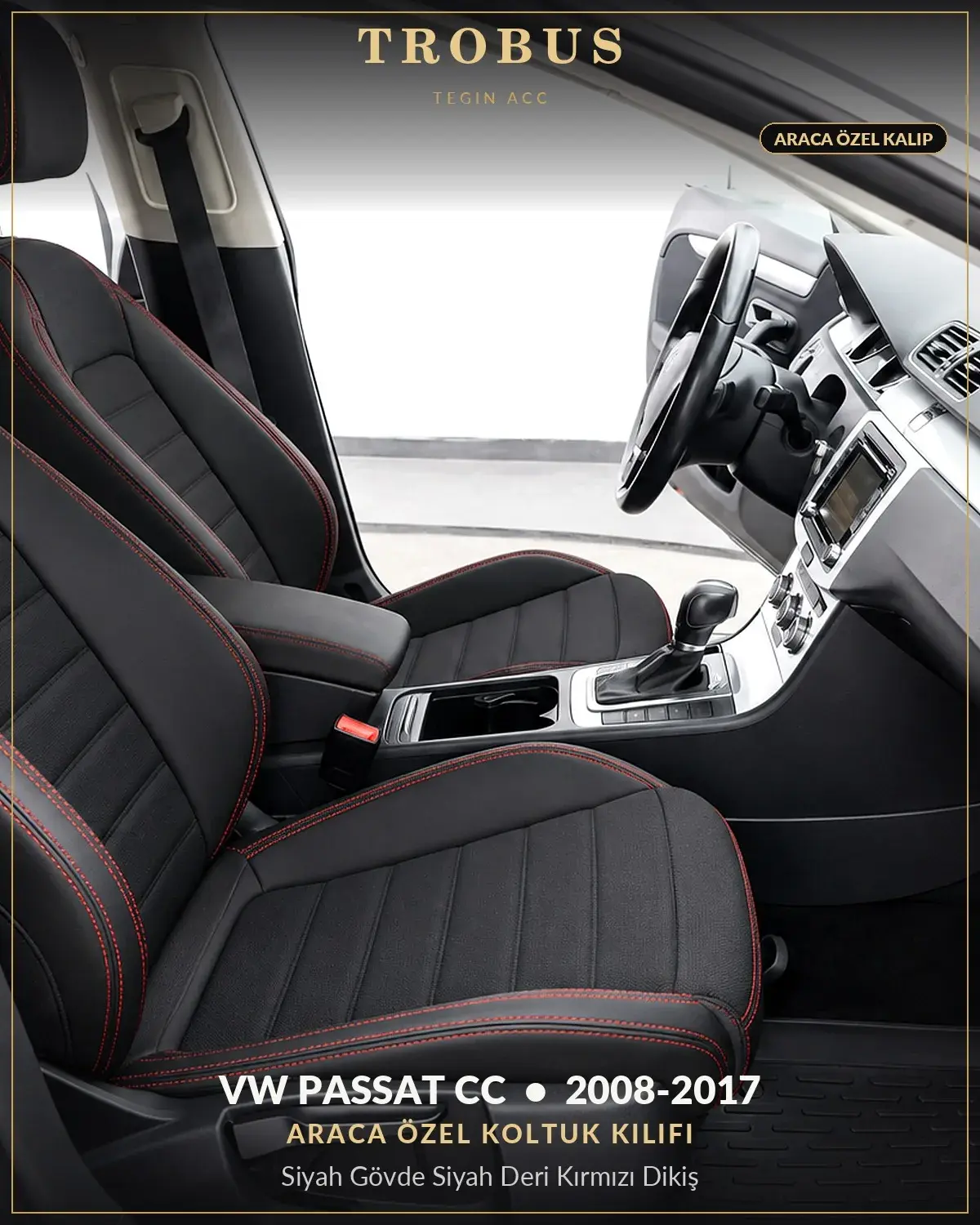 Volkswagen Passat CC 2008-2017 Araca Özel Koltuk Kılıfı Siyah Gövde Siyah Deri Kırmızı Dikiş (1)