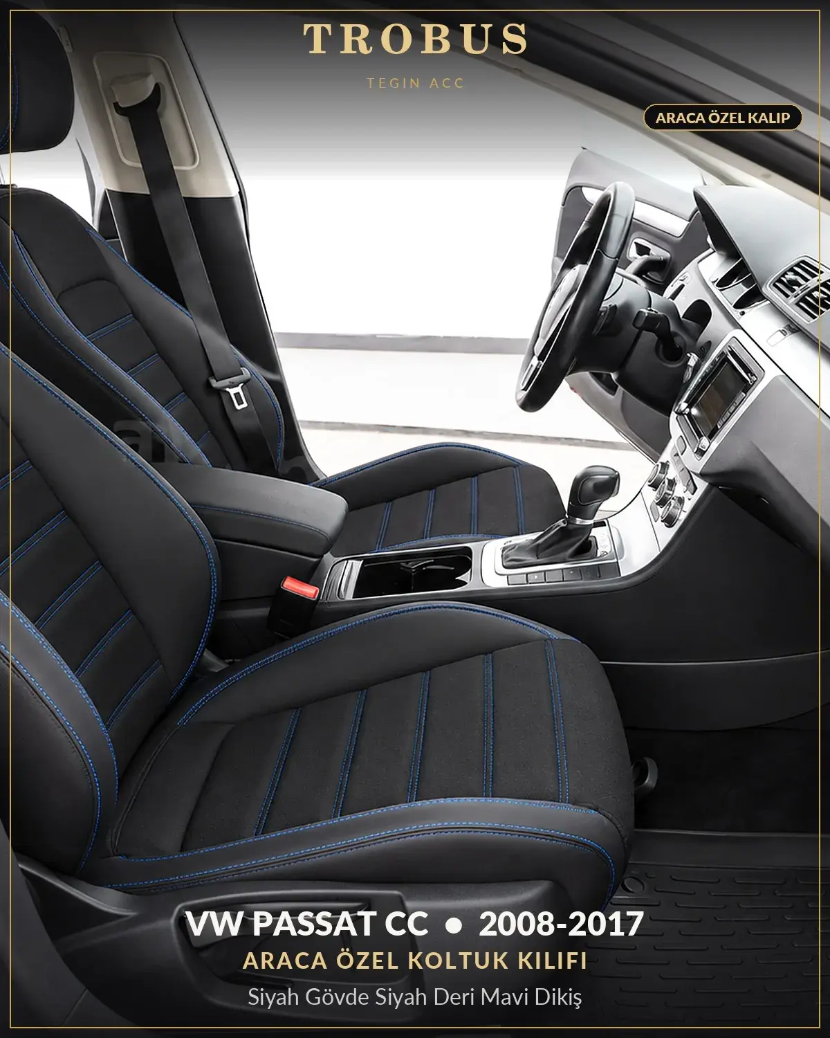 Volkswagen Passat CC 2008-2017 Araca Özel Koltuk Kılıfı Siyah Gövde Siyah Deri Mavi Dikiş (1)