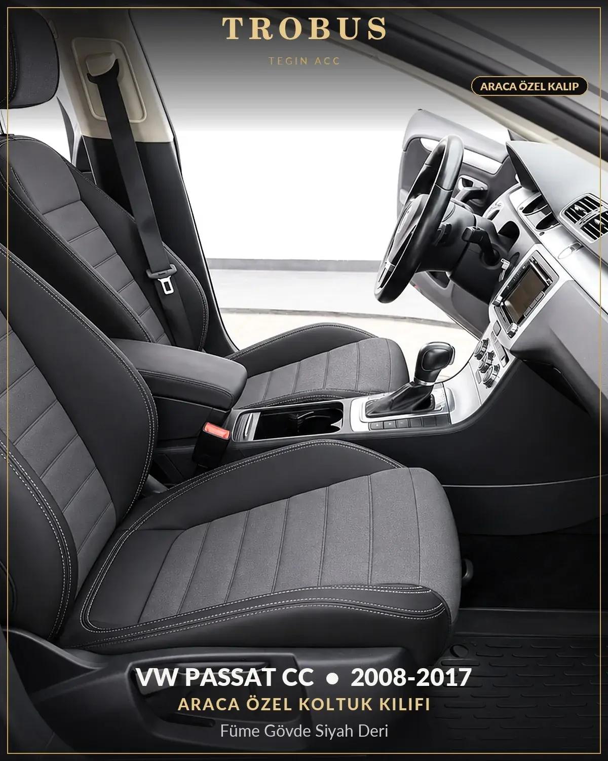 Volkswagen Passat CC 2008-2017 Araca Özel Koltuk Kılıfı Füme Gövde Siyah Deri (1)