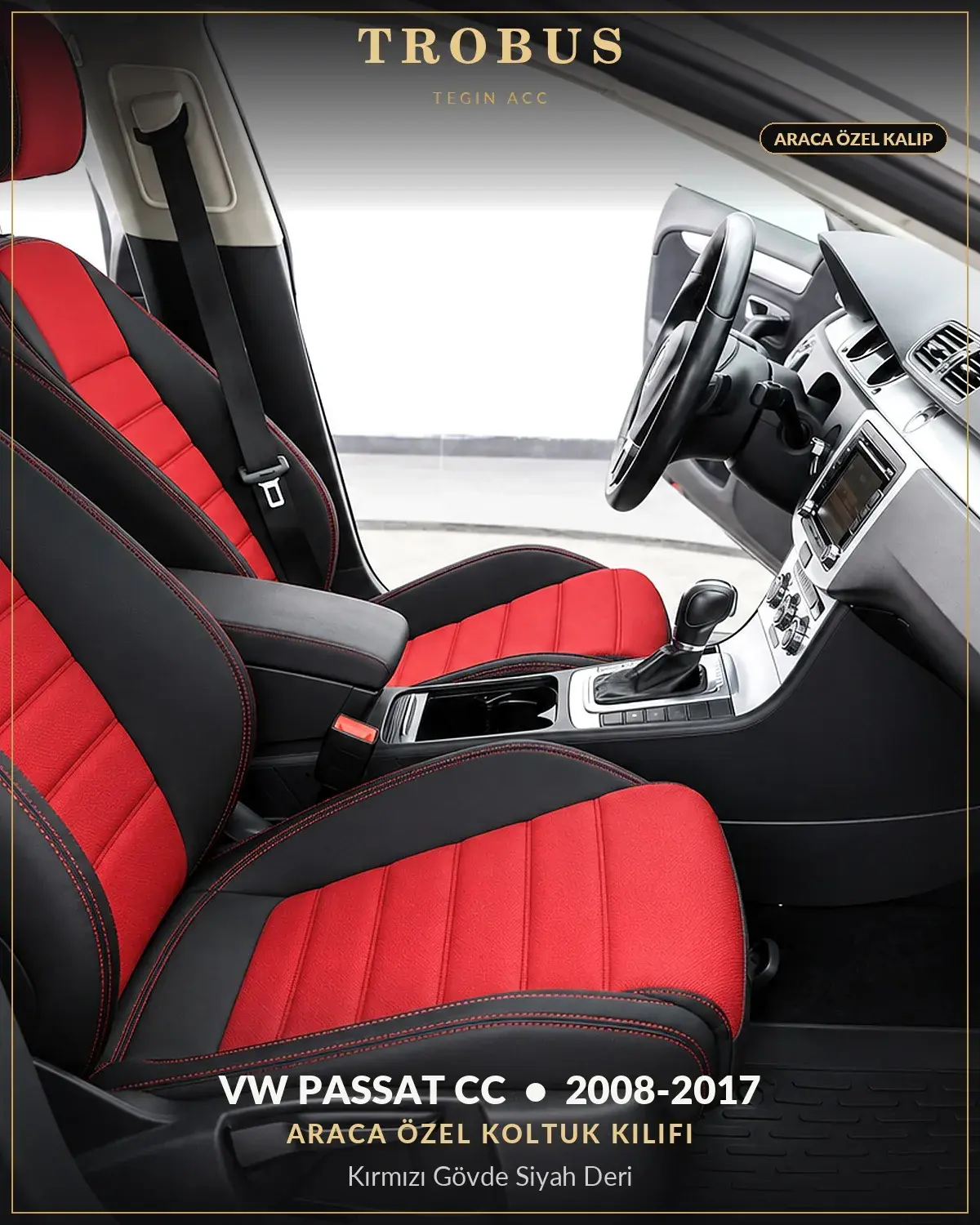 Volkswagen Passat CC 2008-2017 Araca Özel Koltuk Kılıfı Kırmızı Gövde Siyah Deri (1)