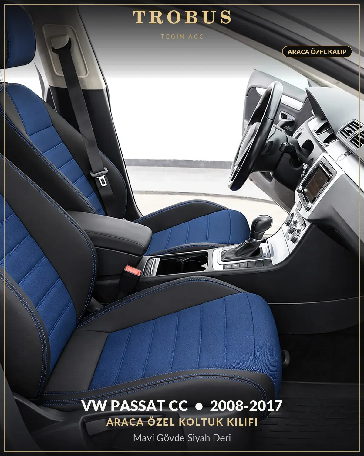 Volkswagen Passat CC 2008-2017 Araca Özel Koltuk Kılıfı Mavi Gövde Siyah Deri (1)