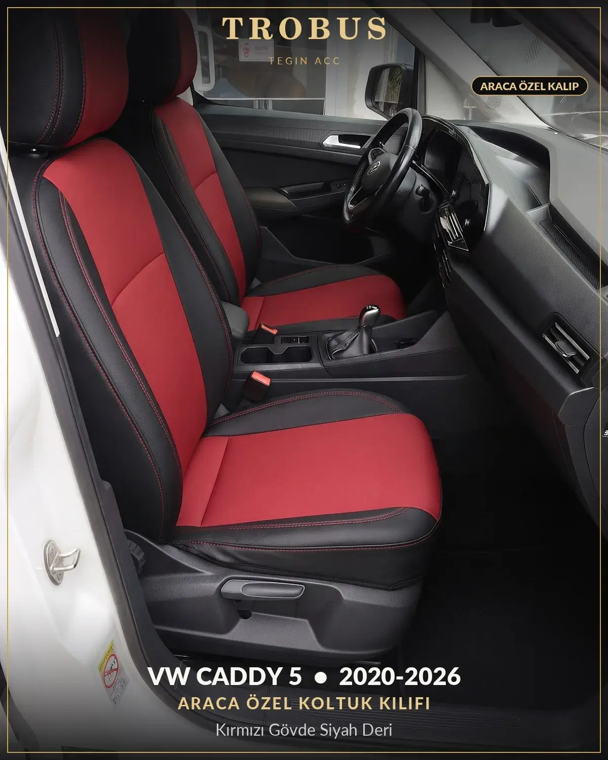 Volkswagen Caddy 5 2020-2026 Araca Özel Koltuk Kılıfı Kırmızı Gövde Siyah Deri (1)