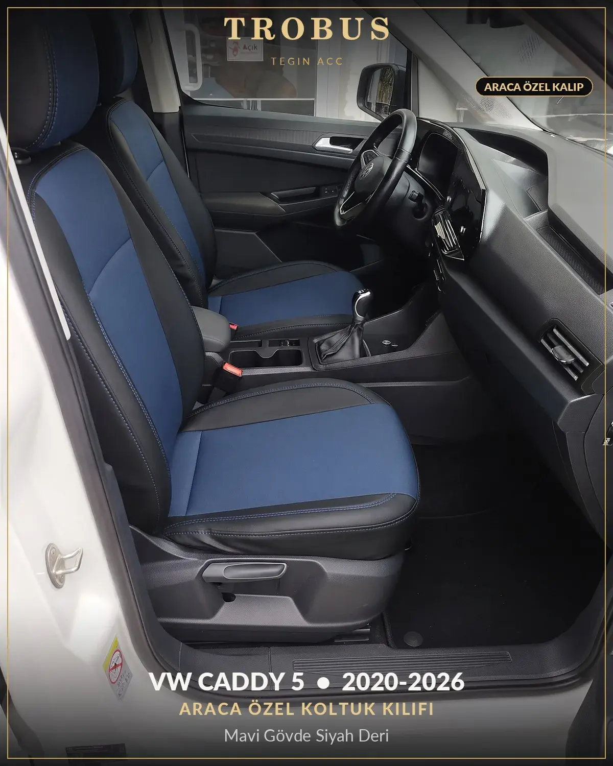 Volkswagen Caddy 5 2020-2026 Araca Özel Koltuk Kılıfı Mavi Gövde Siyah Deri (1)