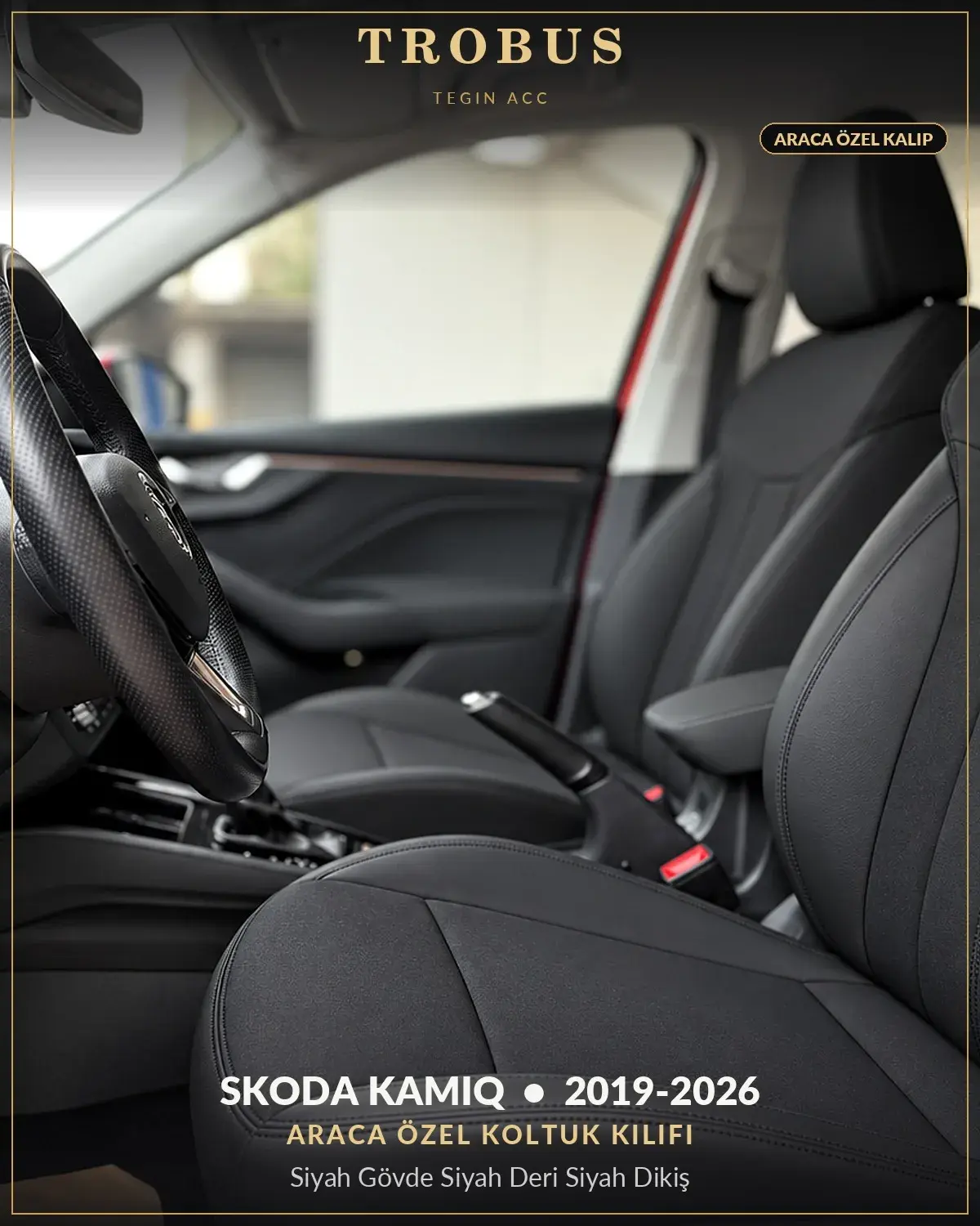Skoda Kamiq 2019-2026 Araca Özel Koltuk Kılıfı Siyah Gövde Siyah Deri Siyah Dikiş (1)