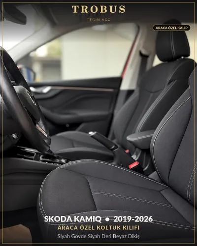 Skoda Kamiq 2019-2026 Araca Özel Koltuk Kılıfı Siyah Gövde Siyah Deri Beyaz Dikiş