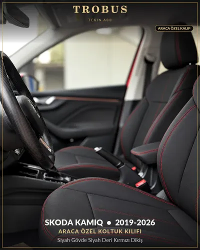 Skoda Kamiq 2019-2026 Araca Özel Koltuk Kılıfı Siyah Gövde Siyah Deri Kırmızı Dikiş