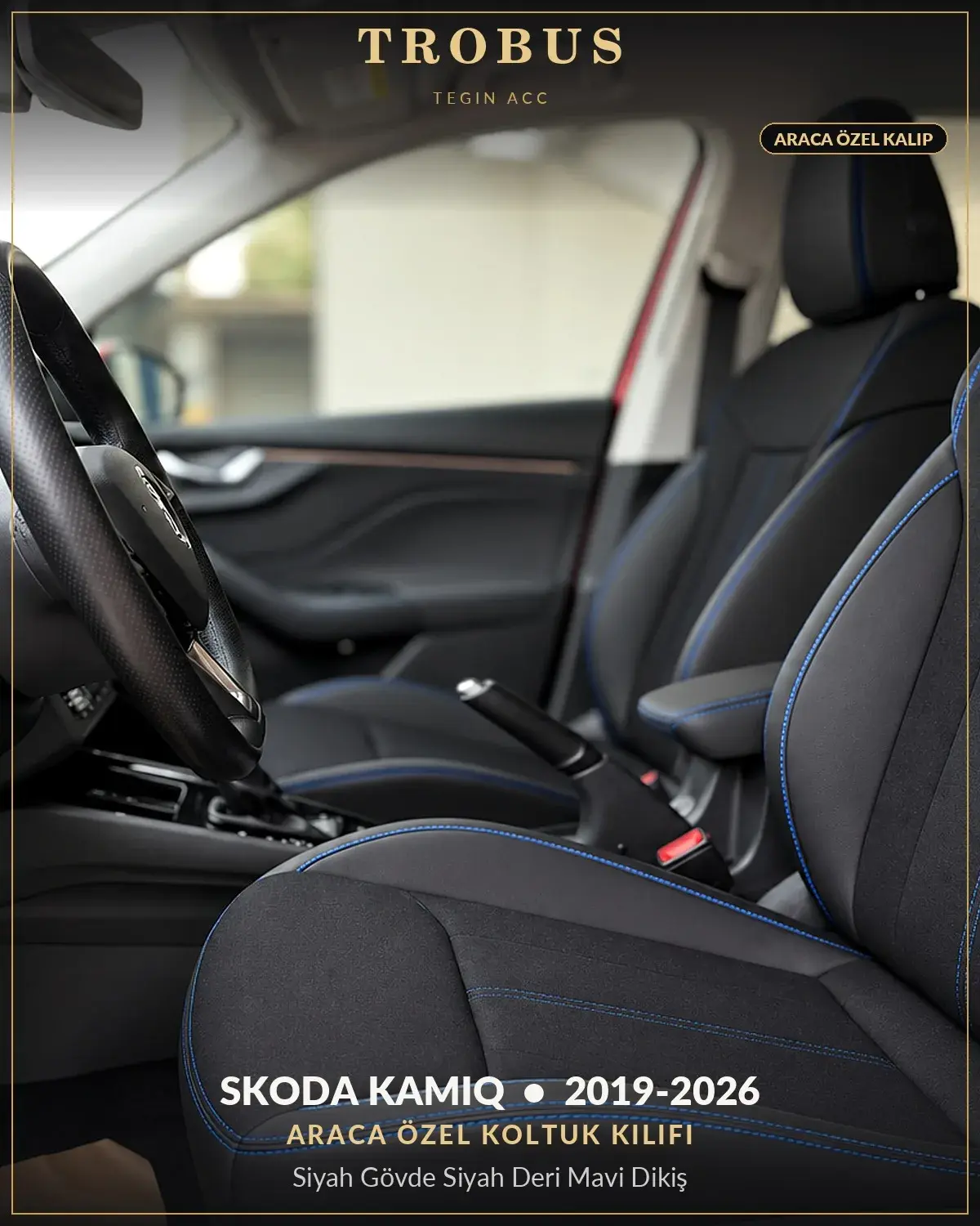 Skoda Kamiq 2019-2026 Araca Özel Koltuk Kılıfı Siyah Gövde Siyah Deri Mavi Dikiş (1)