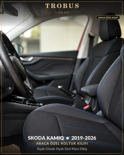 Skoda Kamiq 2019-2026 Araca Özel Koltuk Kılıfı Siyah Gövde Siyah Deri Mavi Dikiş
