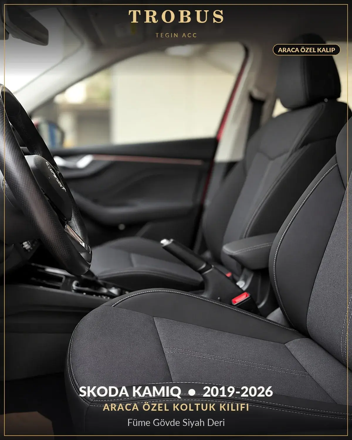 Skoda Kamiq 2019-2026 Araca Özel Koltuk Kılıfı Füme Gövde Siyah Deri (1)