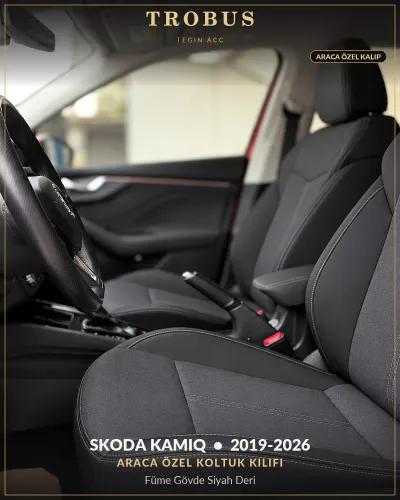 Skoda Kamiq 2019-2026 Araca Özel Koltuk Kılıfı Füme Gövde Siyah Deri