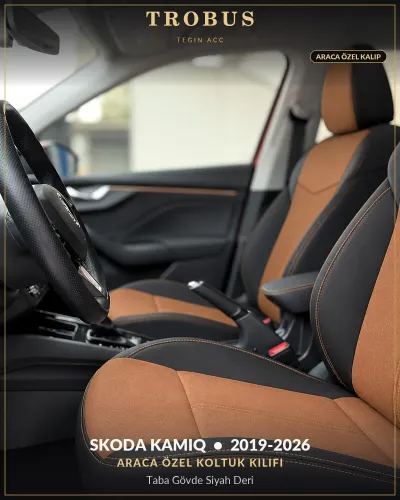 Skoda Kamiq 2019-2026 Araca Özel Koltuk Kılıfı Taba Gövde Siyah Deri