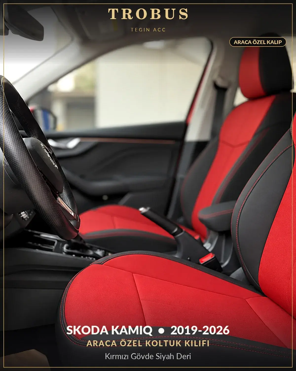 Skoda Kamiq 2019-2026 Araca Özel Koltuk Kılıfı Kırmızı Gövde Siyah Deri (1)