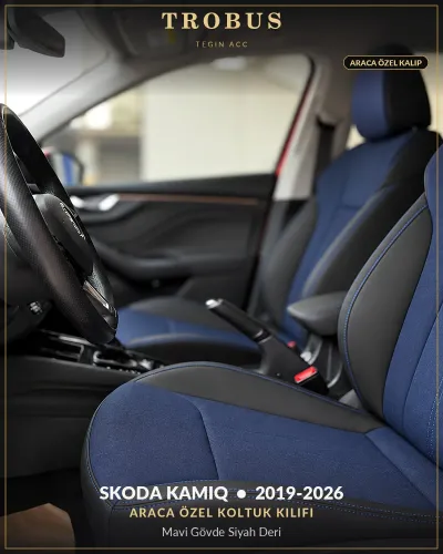 Skoda Kamiq 2019-2026 Araca Özel Koltuk Kılıfı Mavi Gövde Siyah Deri
