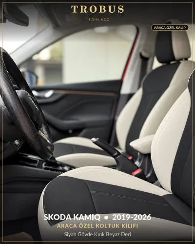 Skoda Kamiq 2019-2026 Araca Özel Koltuk Kılıfı Siyah Gövde Kırık Beyaz Deri