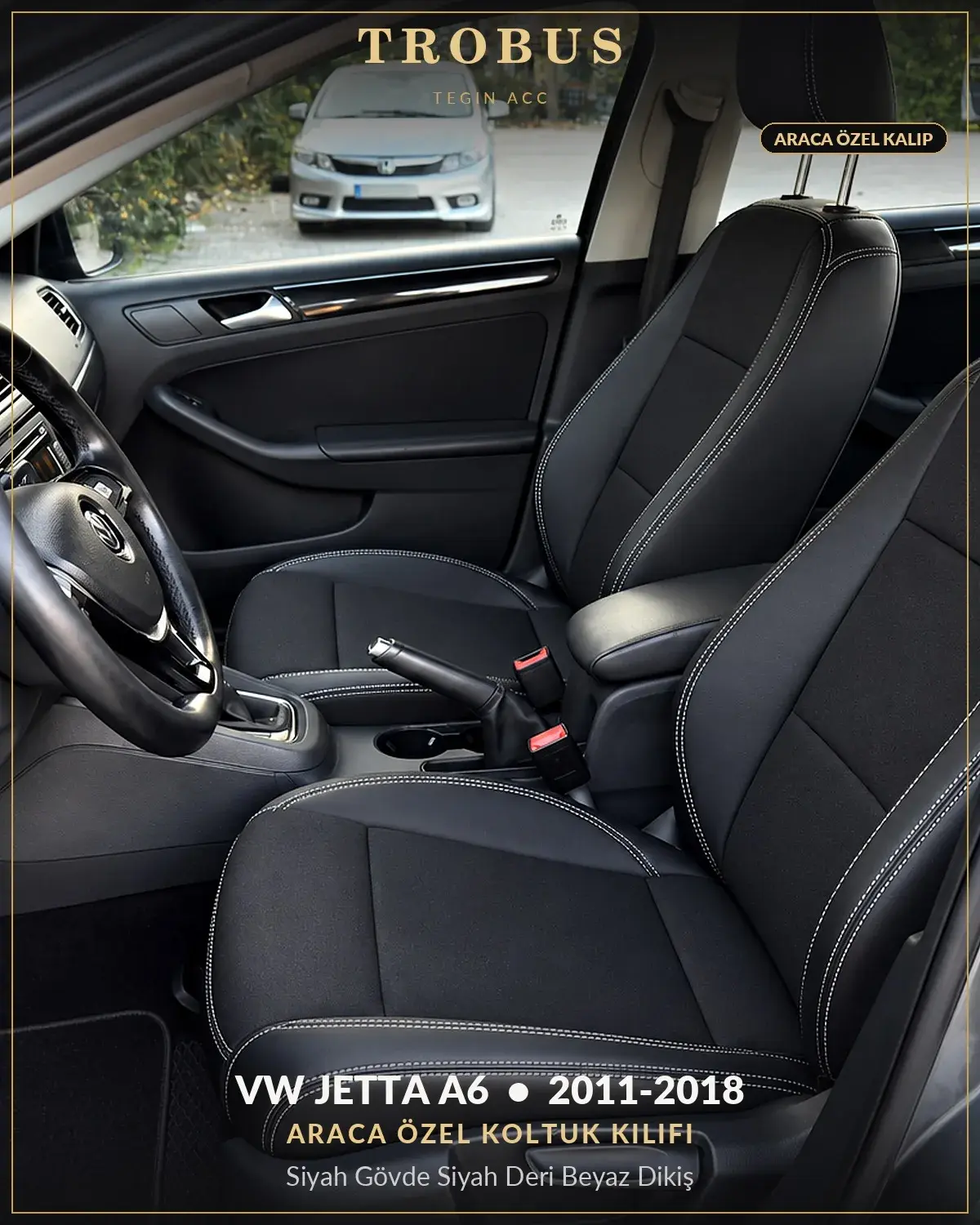Volkswagen Jetta A6 2011-2018 Araca Özel Koltuk Kılıfı Siyah Gövde Siyah Deri Beyaz Dikiş (1)