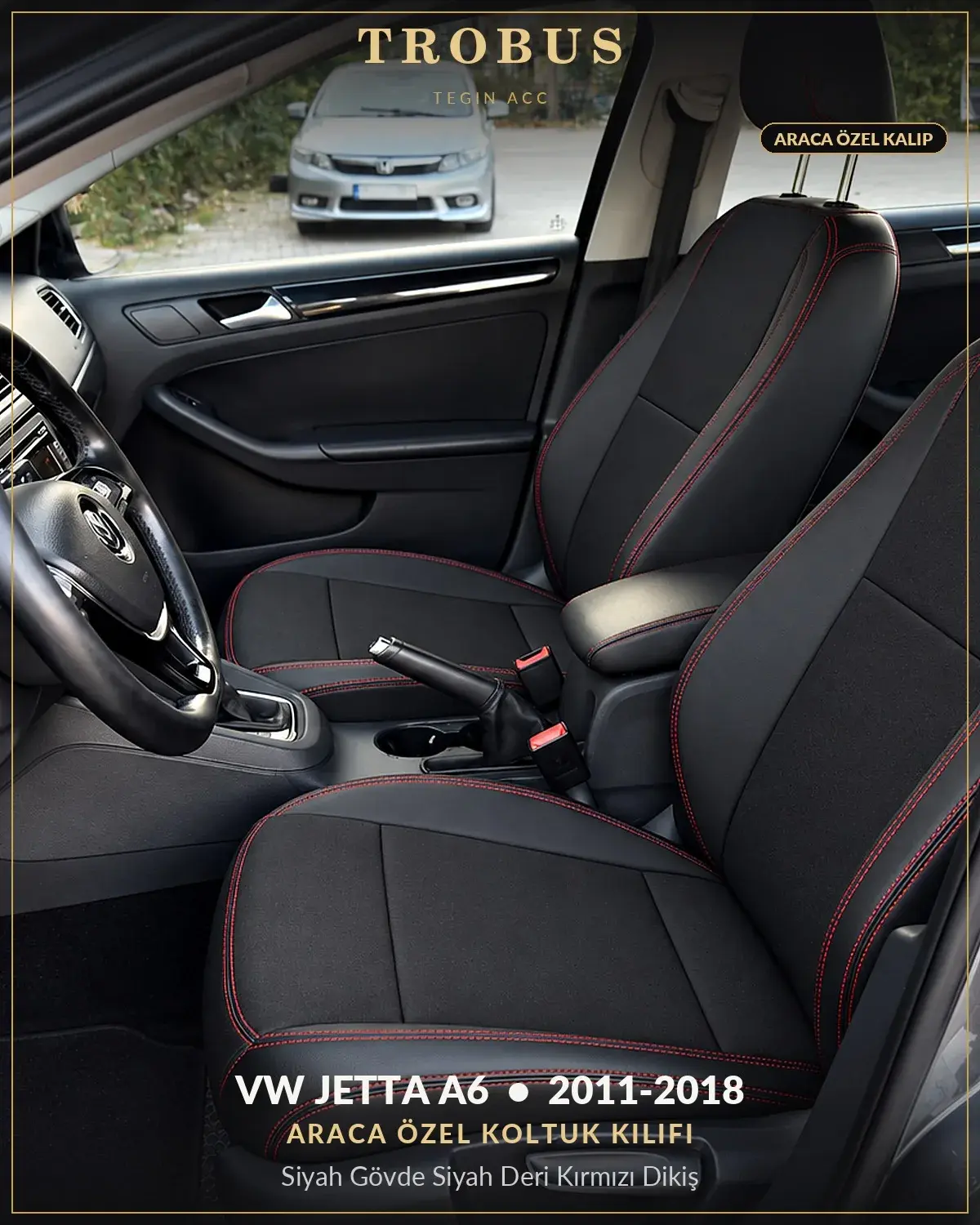 Volkswagen Jetta A6 2011-2018 Araca Özel Koltuk Kılıfı Siyah Gövde Siyah Deri Kırmızı Dikiş (1)