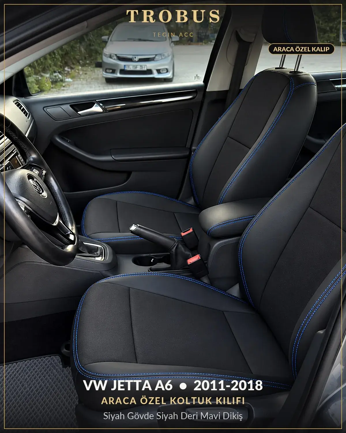 Volkswagen Jetta A6 2011-2018 Araca Özel Koltuk Kılıfı Siyah Gövde Siyah Deri Mavi Dikiş (1)